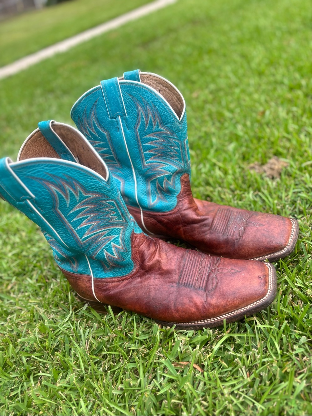 Justin Made in USA Square Toe Western Cowboy Brown Blue Leather Boots 13D Mens